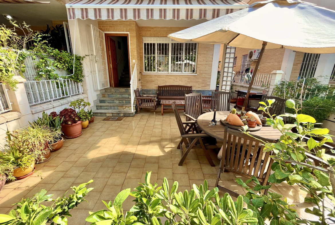 Sunny terrace of semi-detached family home near the beach in Los Narejos, Levante Properties listing.