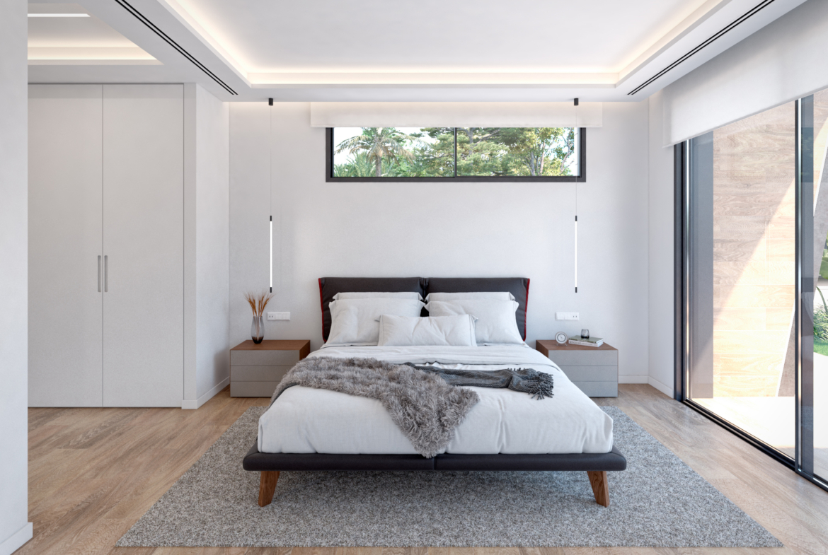 Luxury master bedroom with terrace views at Evohe Alana Villas, Levante properties