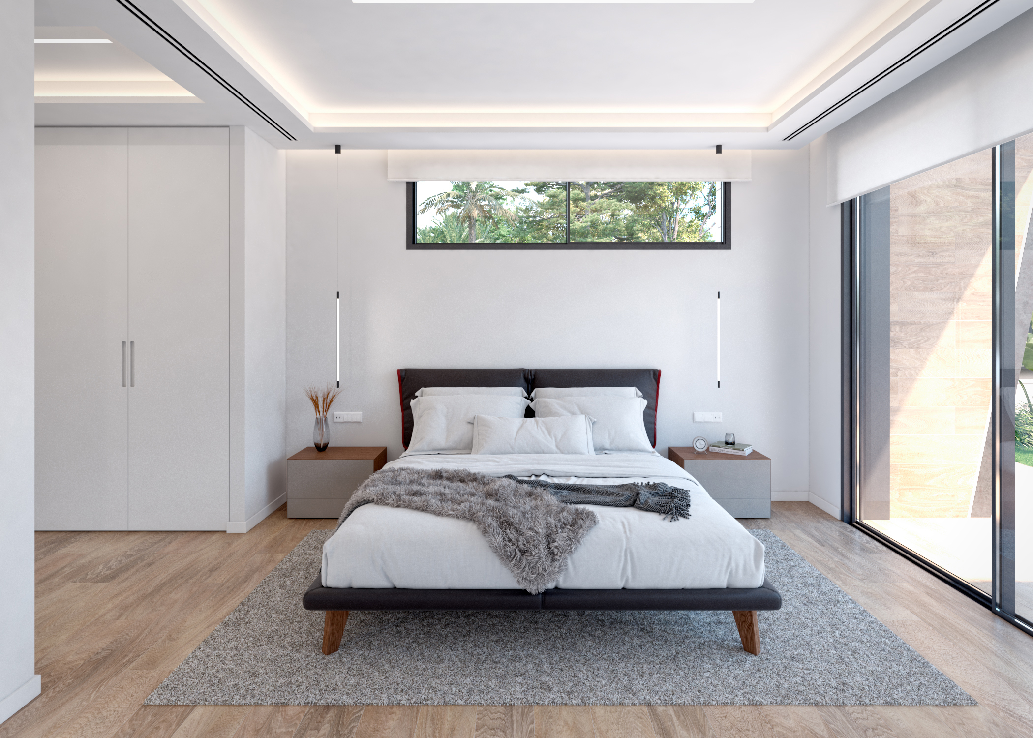 Luxury master bedroom with terrace views at Evohe Alana Villas, Levante properties