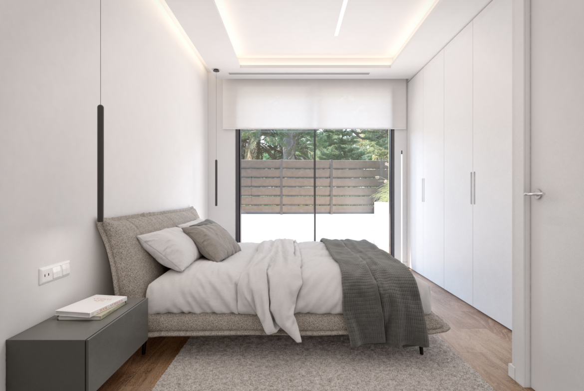 Luxury master bedroom with terrace views at Evohe Alana Villas, Levante properties