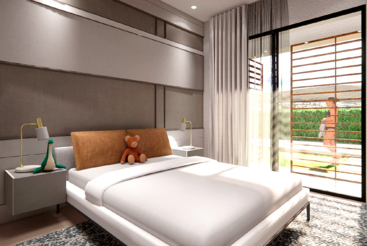 Bedroom with direct pool access in Levansur Home VII Villa – Levante Properties