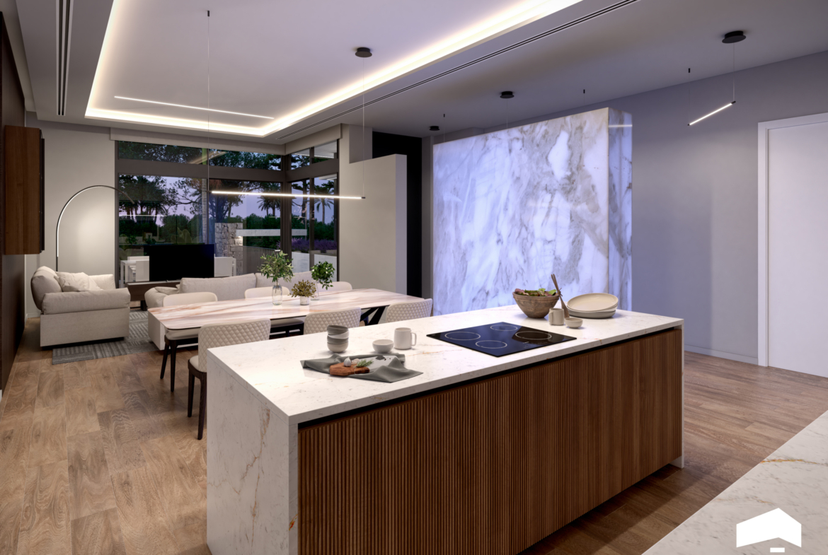 Open-plan living room in Evohe Altea Villa at Santa Rosalia