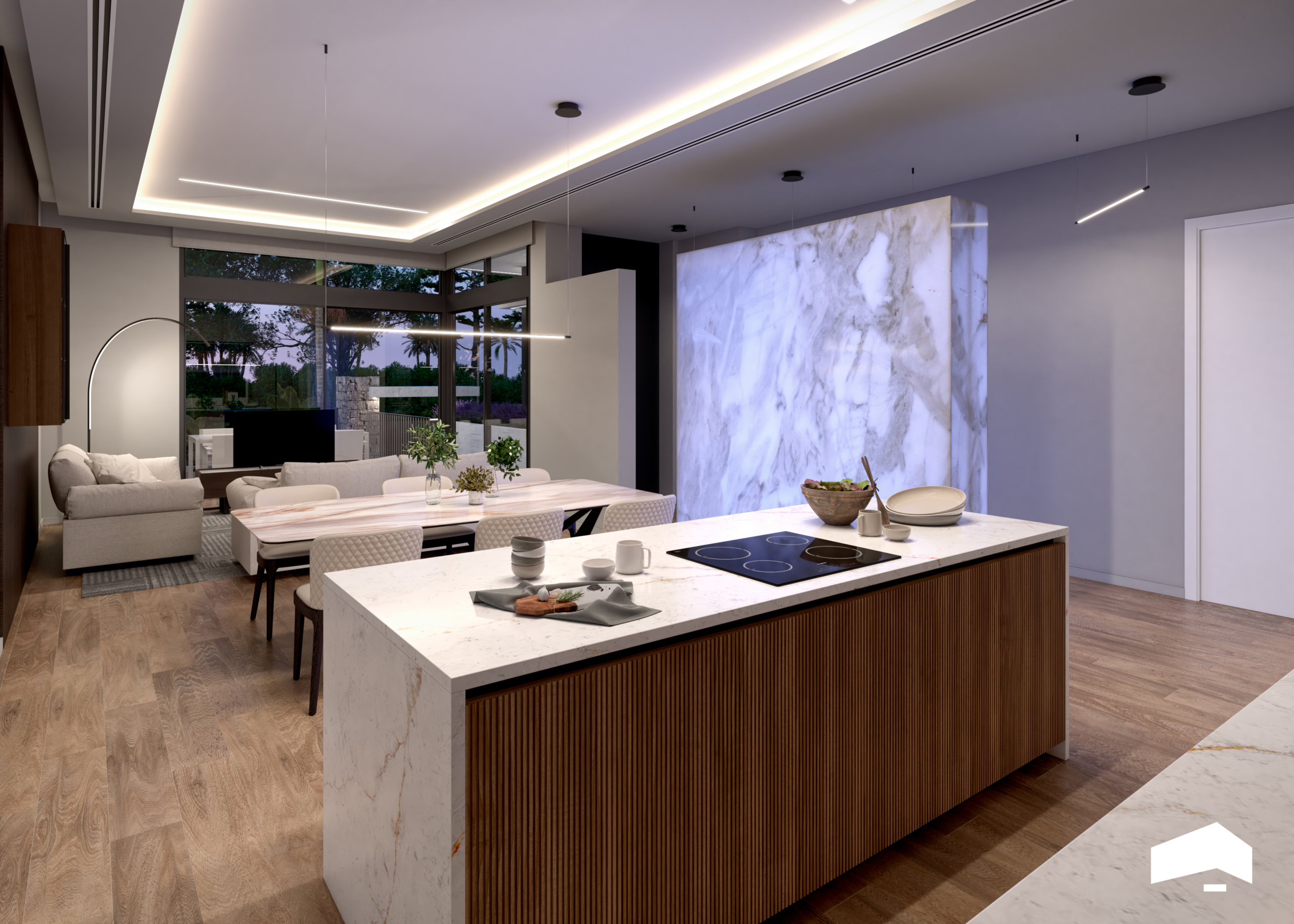 Open-plan living room in Evohe Altea Villa at Santa Rosalia