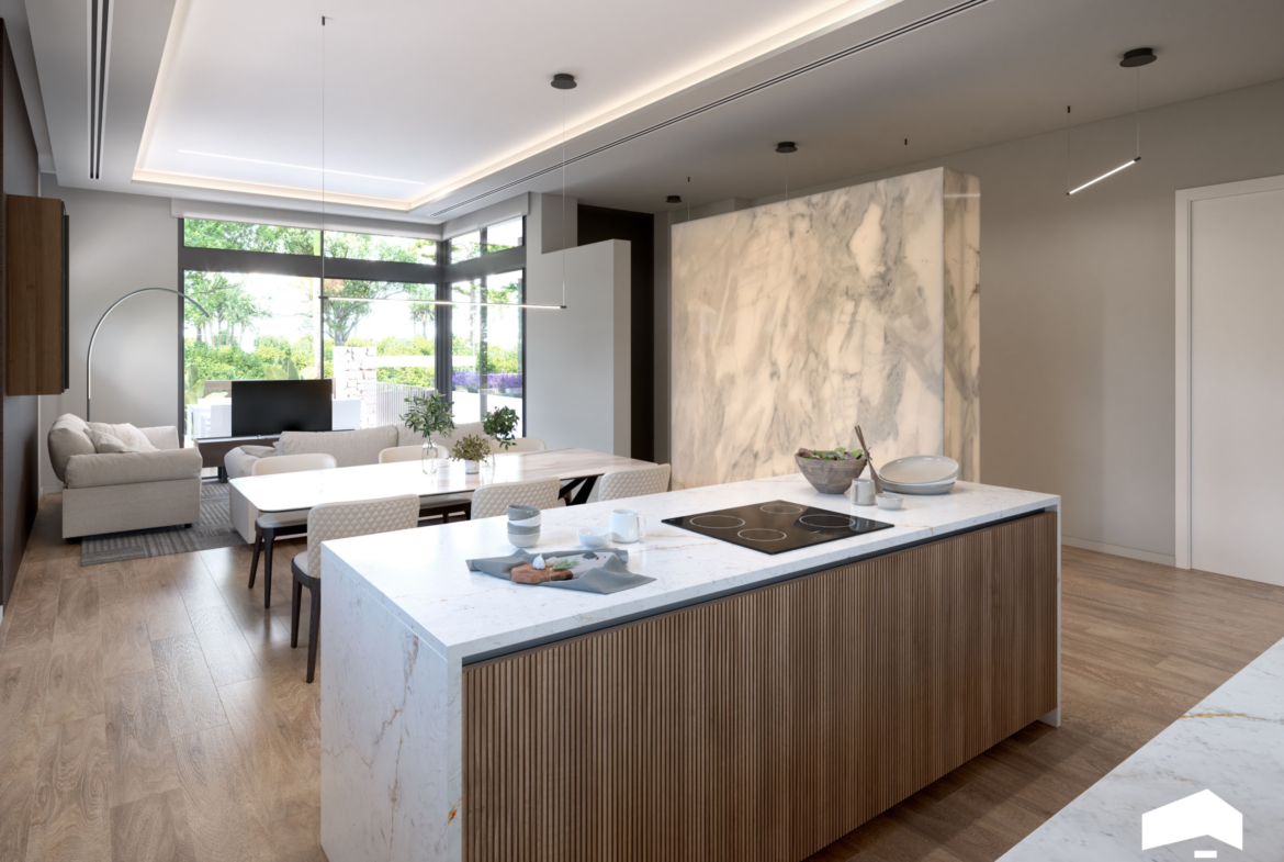 Open-plan living room in Evohe Altea Villa at Santa Rosalia