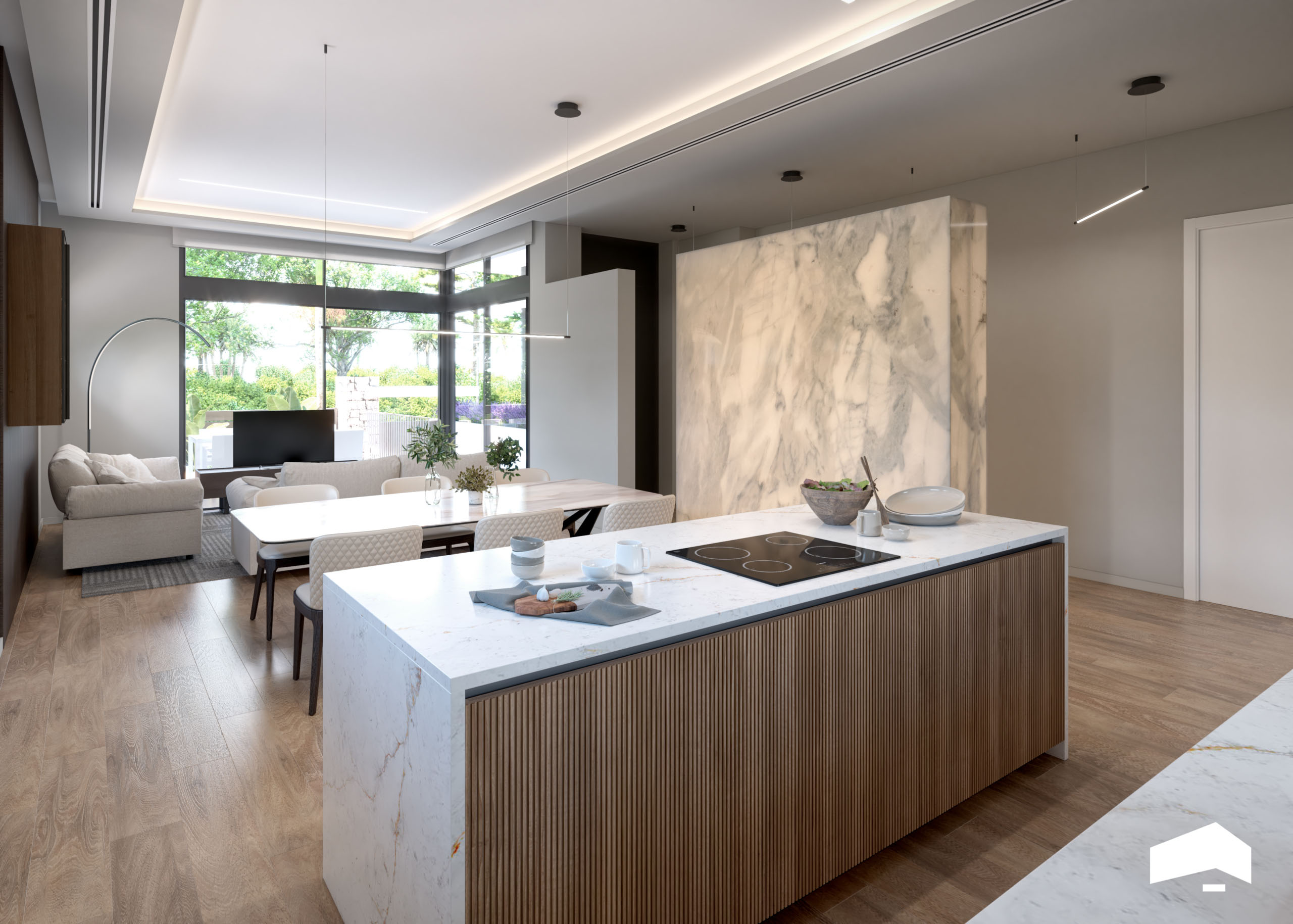 Open-plan living room in Evohe Altea Villa at Santa Rosalia