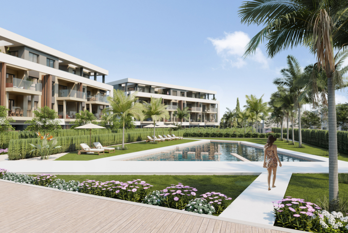 Residents enjoying the communal pool at Santa Rosalia Lake & Life Resort by Levante Properties.