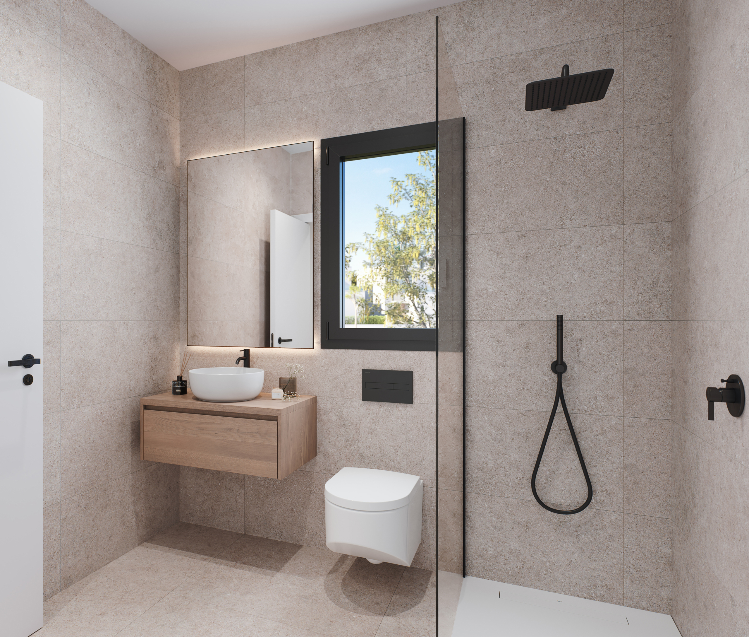 Stylish modern bathroom with contemporary fixtures and finishes at Tindra El Lago Apartments, Santa Rosalia, by Levante Properties.