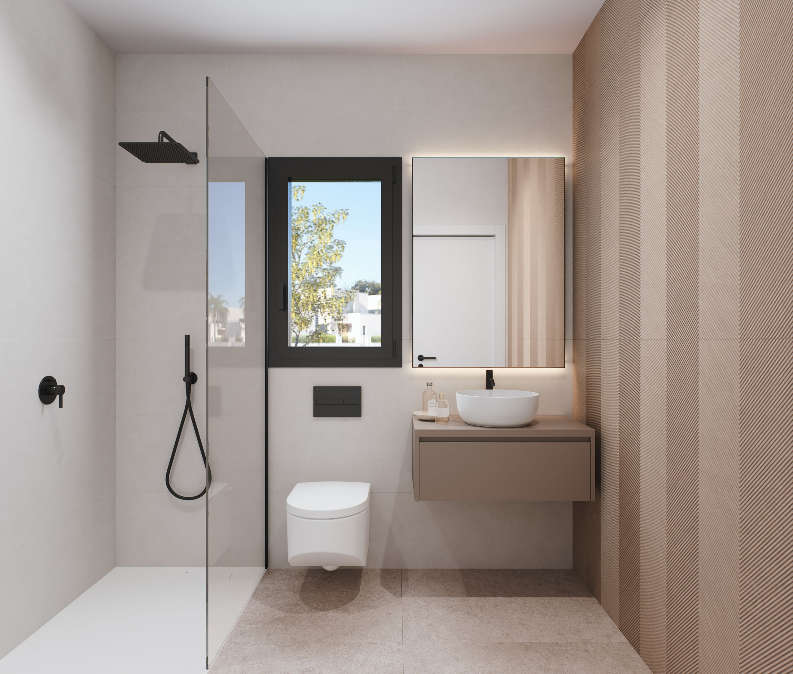 Stylish modern bathroom with contemporary fixtures and finishes at Tindra El Lago Apartments, Santa Rosalia, by Levante Properties.