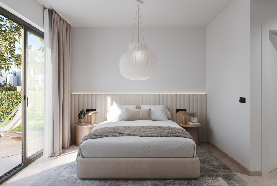 Spacious bedroom with modern décor and natural light at Tindra El Lago Apartments, Santa Rosalia, by Levante Properties.