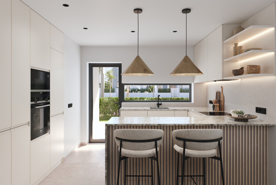 Modern fitted kitchen with high-quality finishes at Tindra El Lago Apartments, Santa Rosalia, by Levante Properties, with pool views.
