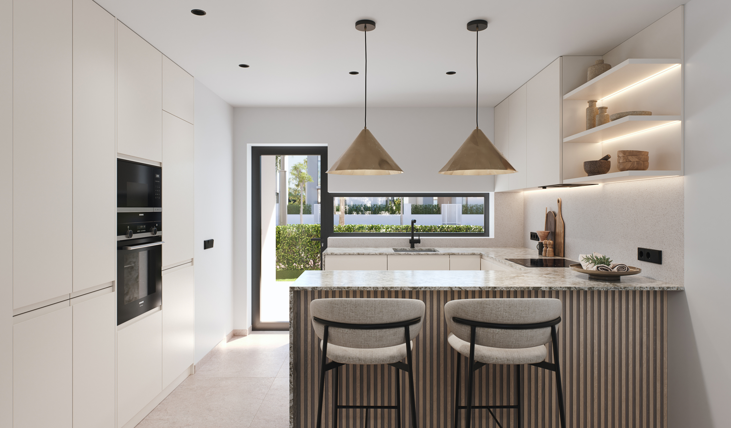Modern fitted kitchen with high-quality finishes at Tindra El Lago Apartments, Santa Rosalia, by Levante Properties, with pool views.
