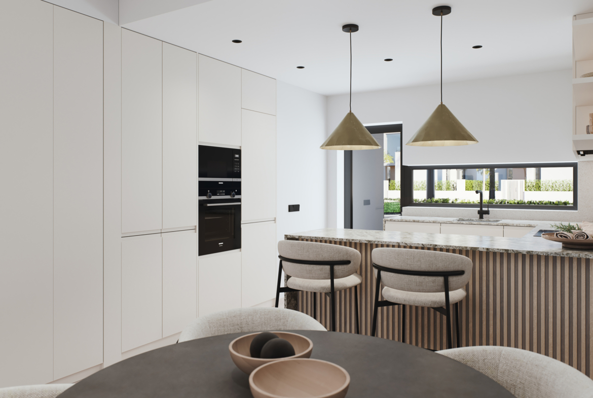 Modern fitted kitchen with high-quality finishes at Tindra El Lago Apartments, Santa Rosalia, by Levante Properties, with pool views.