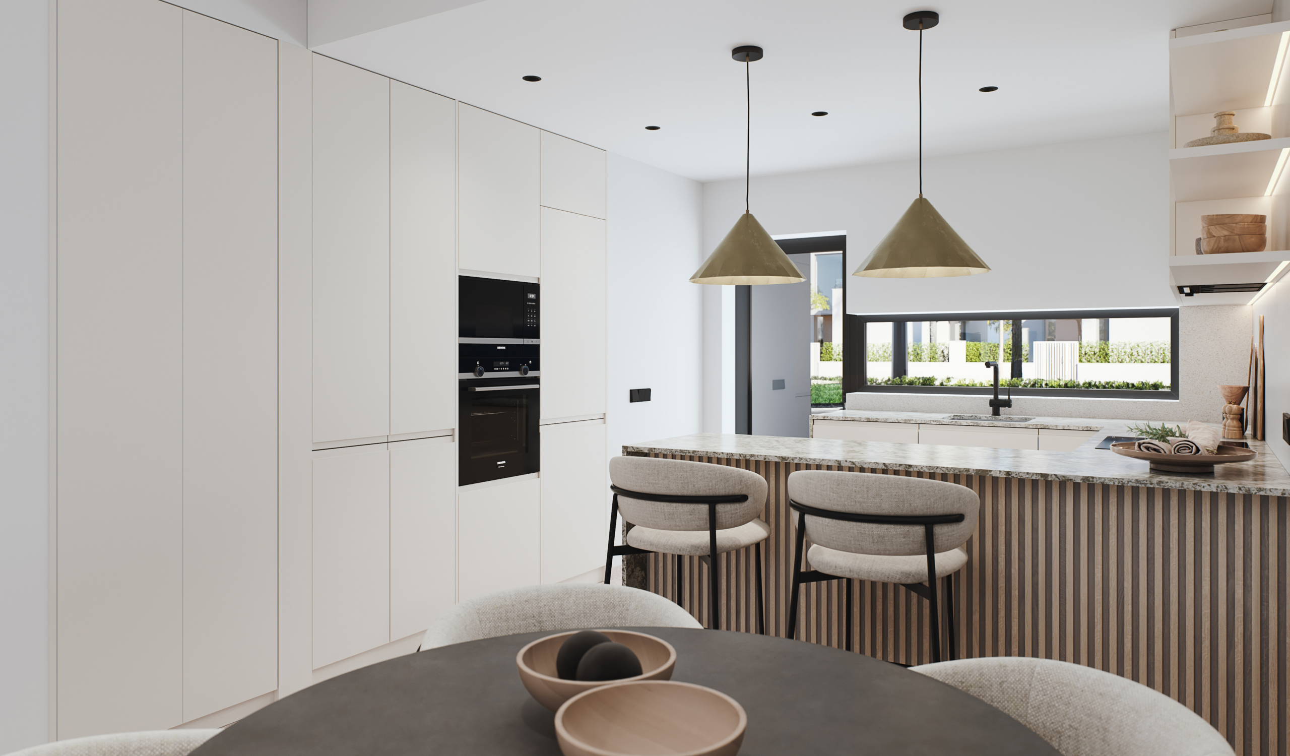 Modern fitted kitchen with high-quality finishes at Tindra El Lago Apartments, Santa Rosalia, by Levante Properties, with pool views.