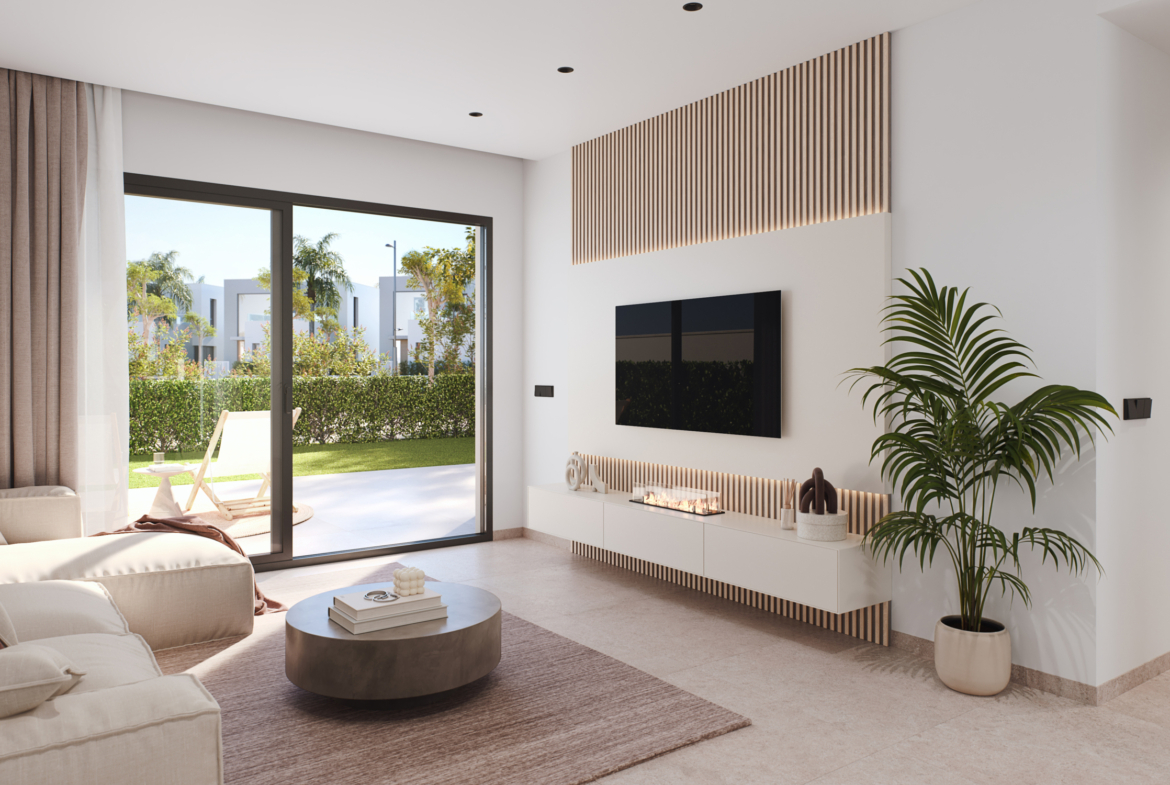 Bright open-plan living room with modern finishes and views of the communal pool at Tindra El Lago Apartments, Santa Rosalia, by Levante Properties.