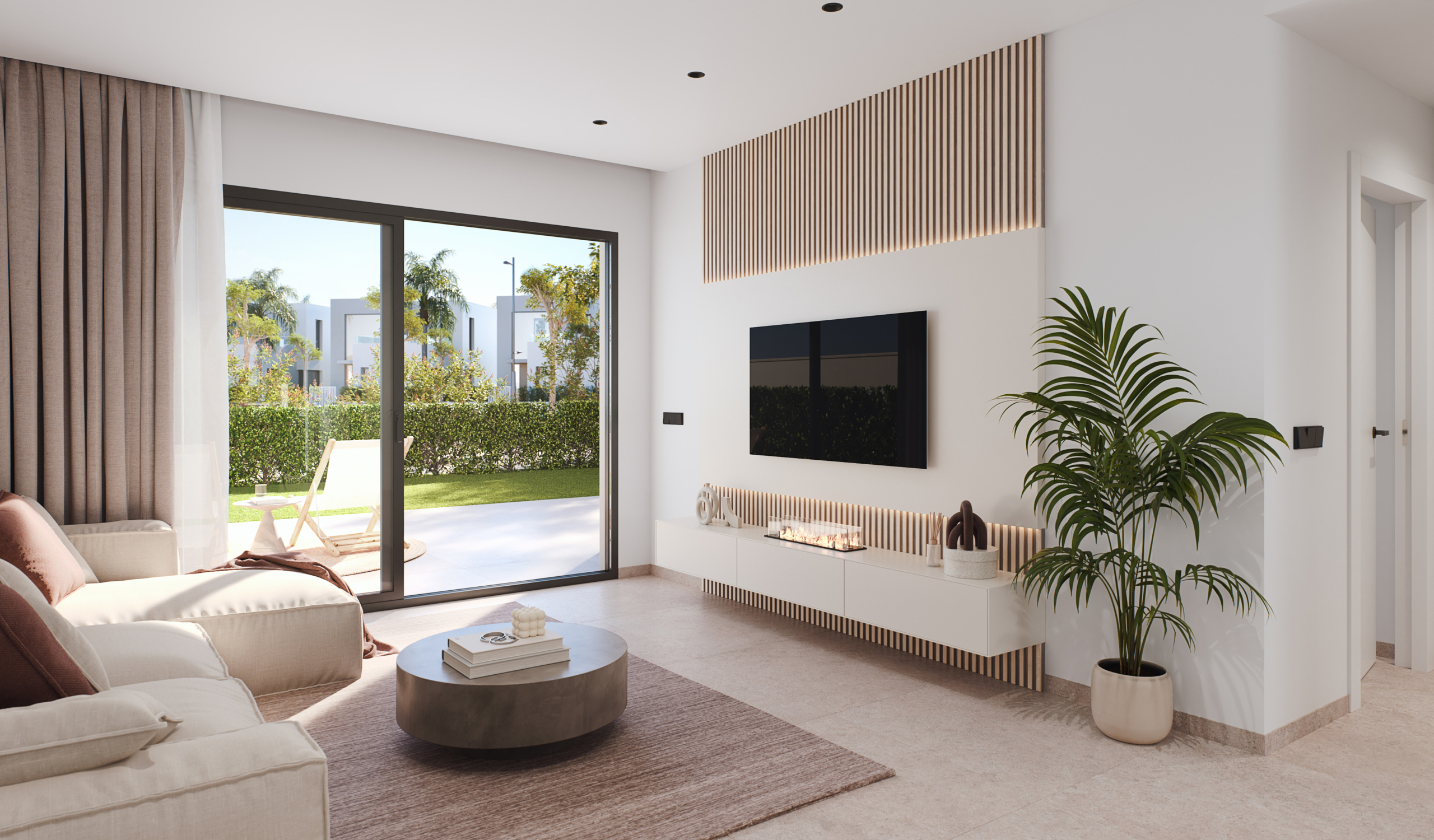 Bright open-plan living room with modern finishes and views of the communal pool at Tindra El Lago Apartments, Santa Rosalia, by Levante Properties.