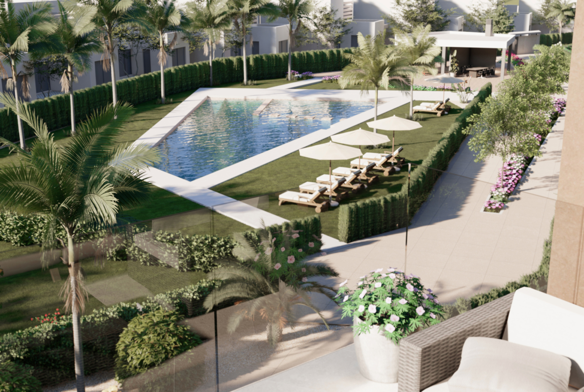 Residents enjoying the communal pool at Santa Rosalia Lake & Life Resort by Levante Properties.