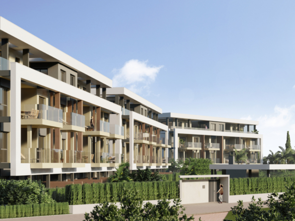 Tindra El Lago Apartments in Santa Rosalia Lake & Life Resort by Levante Properties, featuring communal pool and stylish balconies.