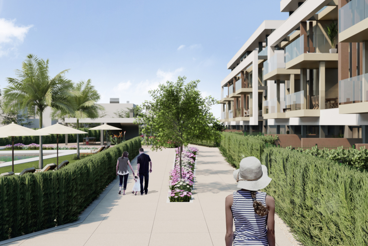 Modern exterior of Tindra El Lago Apartments in Santa Rosalia Lake & Life Resort by Levante Properties, featuring communal pool and stylish balconies.