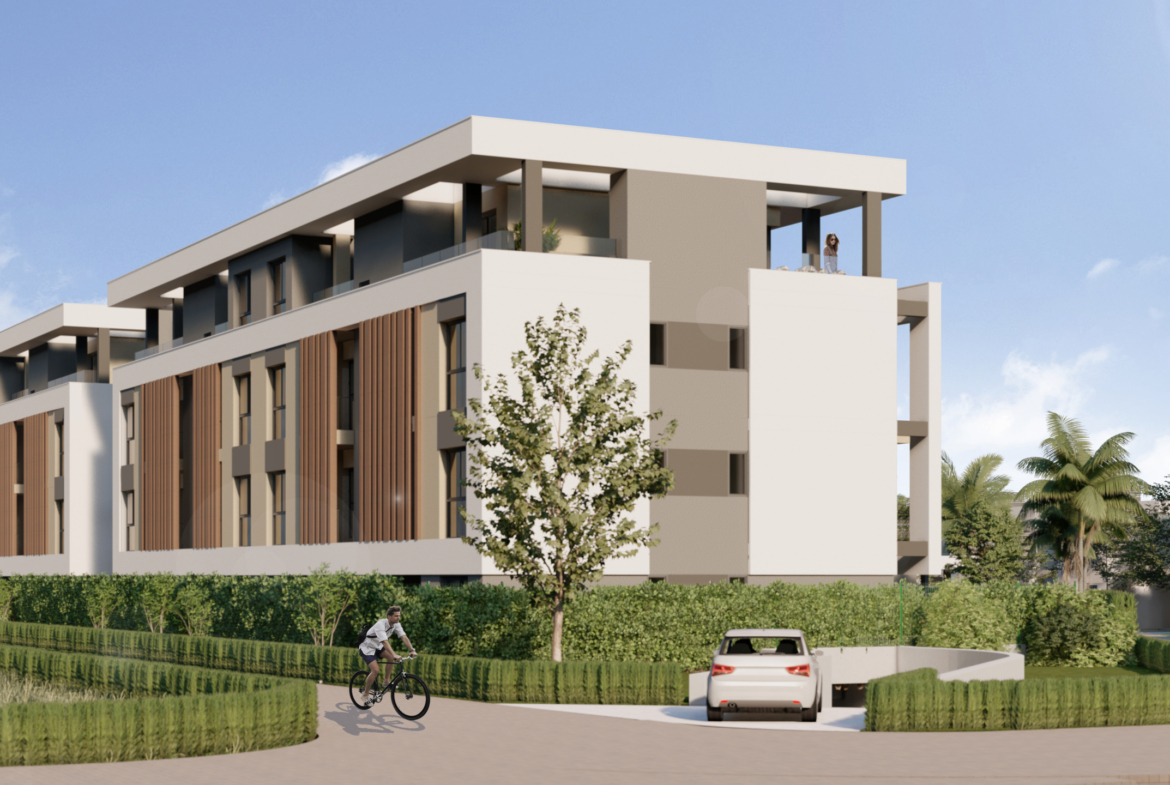 Modern exterior of Tindra El Lago Apartments in Santa Rosalia Lake & Life Resort by Levante Properties, featuring communal pool and stylish balconies.