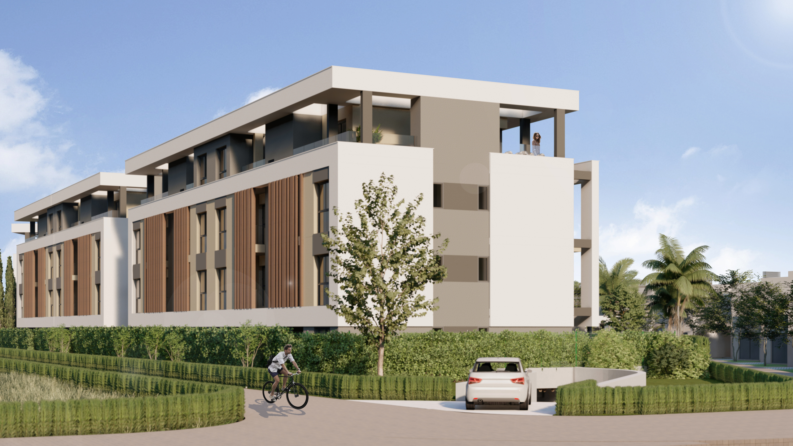 Modern exterior of Tindra El Lago Apartments in Santa Rosalia Lake & Life Resort by Levante Properties, featuring communal pool and stylish balconies.