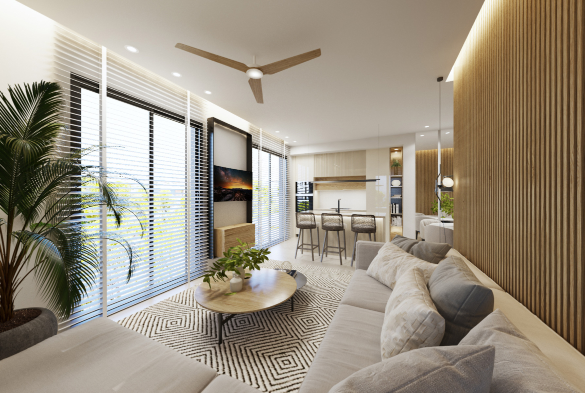 Open-plan living area in Orbesol Mirador Apartment at Santa Rosalia presented by Levante Properties