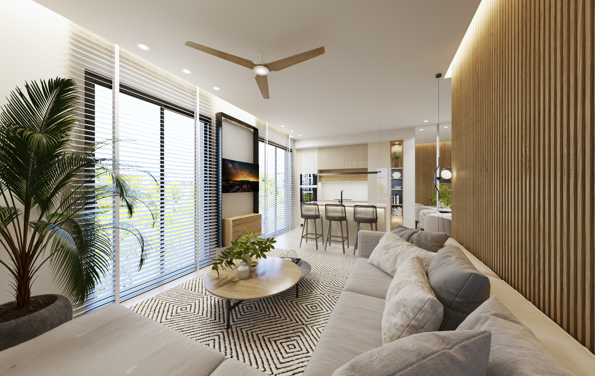 Open-plan living area in Orbesol Mirador Apartment at Santa Rosalia presented by Levante Properties