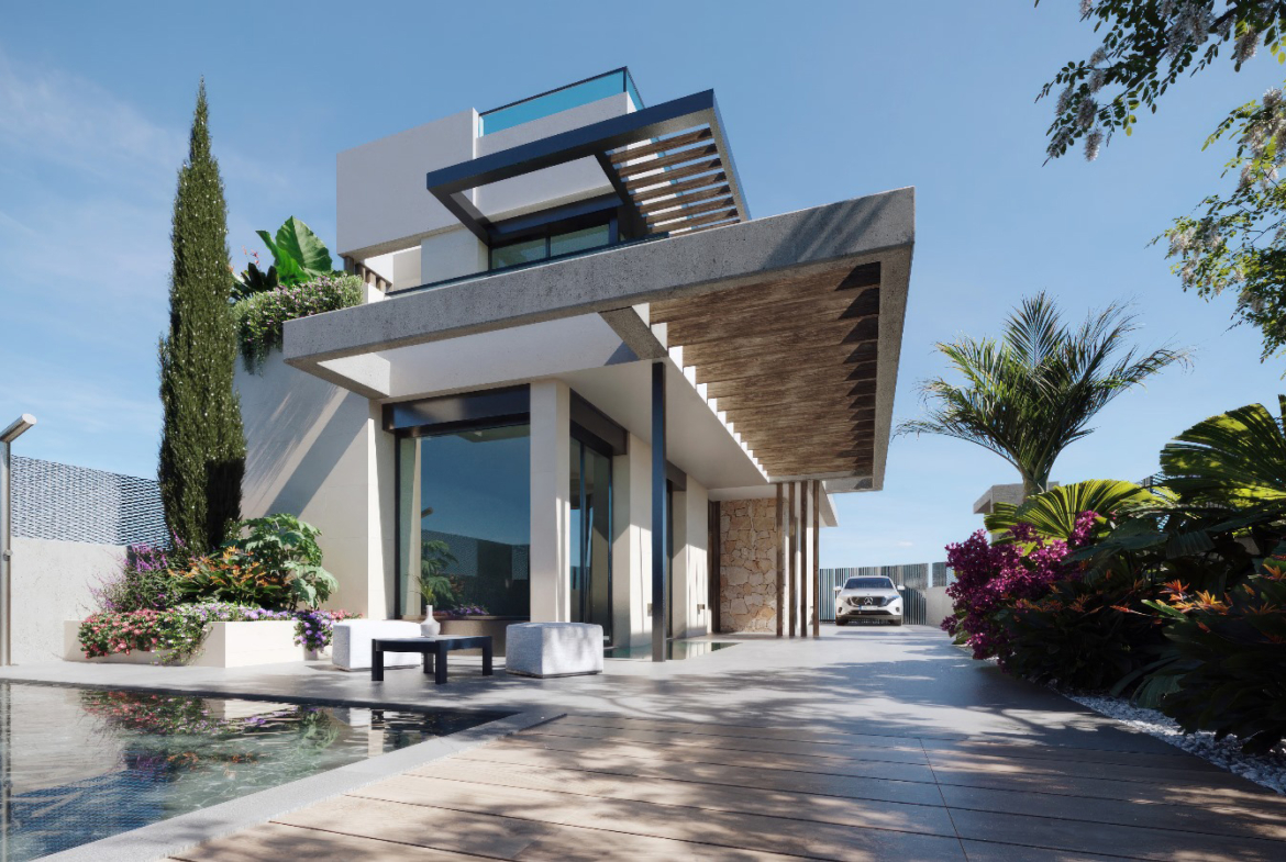Exterior of Orbesol Mirador Villa at Santa Rosalia by Levante Properties with private pool and access to luxury master suite and modern kitchen.