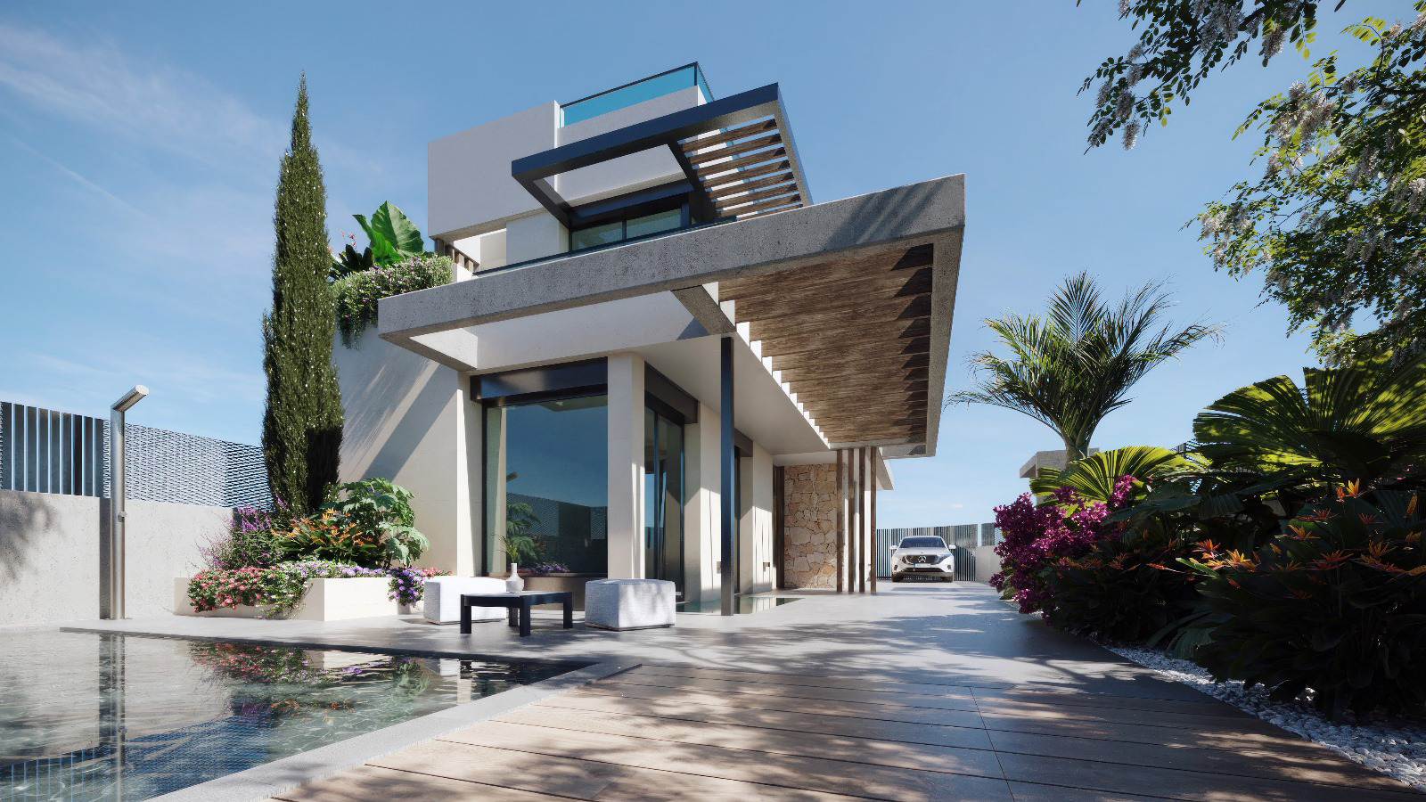 Exterior of Orbesol Mirador Villa at Santa Rosalia by Levante Properties with private pool and access to luxury master suite and modern kitchen.