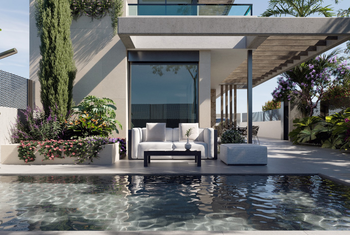 Exterior of Orbesol Mirador Villa at Santa Rosalia by Levante Properties with private pool and access to luxury master suite and modern kitchen.