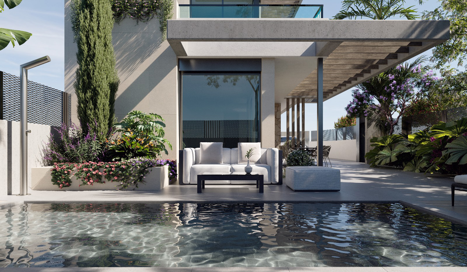 Exterior of Orbesol Mirador Villa at Santa Rosalia by Levante Properties with private pool and access to luxury master suite and modern kitchen.