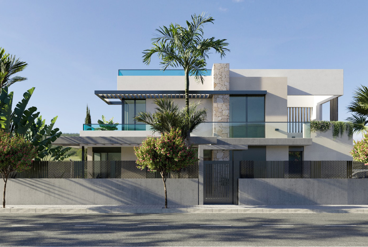 Street view of Orbesol Mirador Villa at Santa Rosalia presented by Levante Properties, showcasing modern architecture and private residential setting.