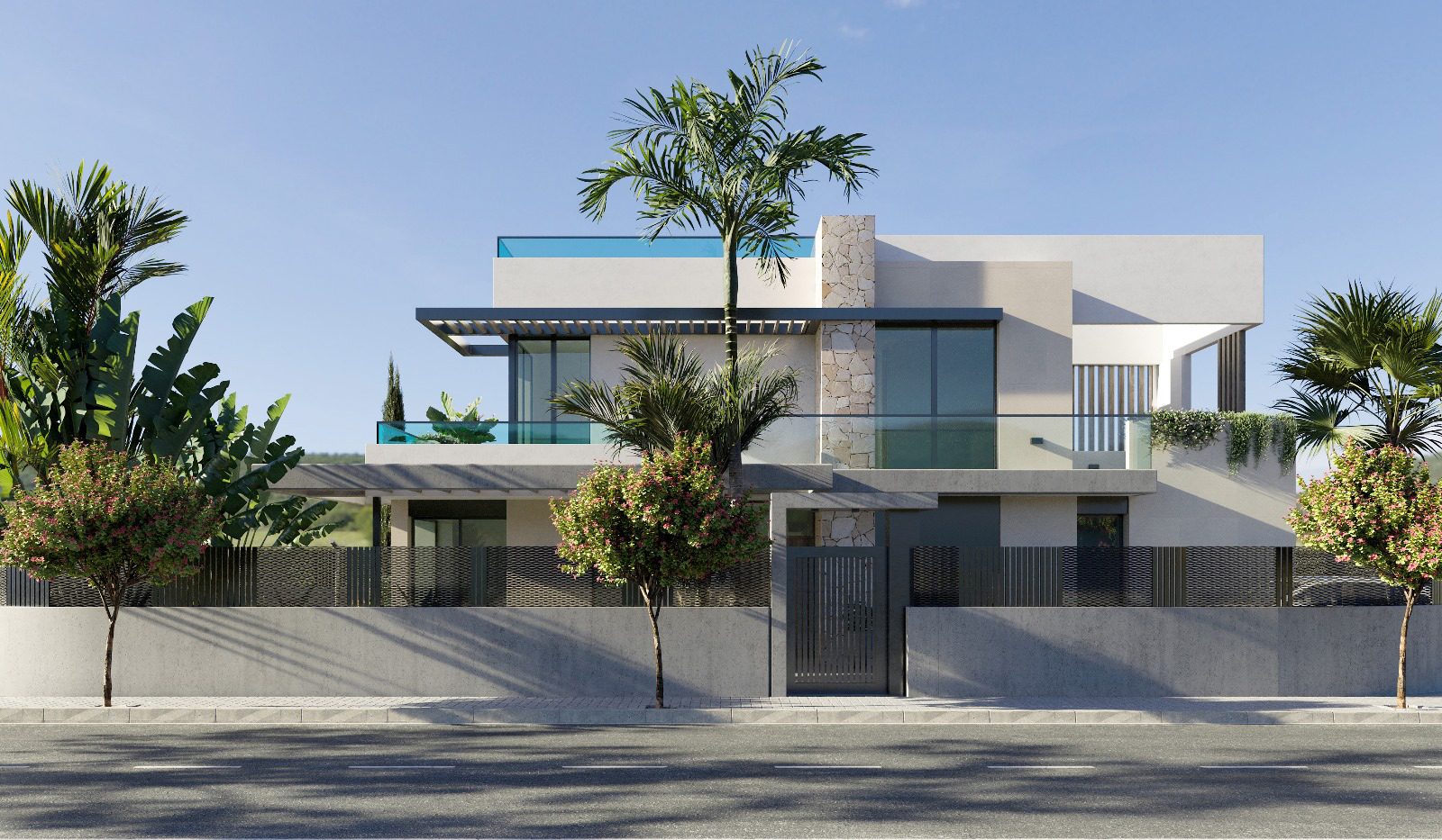 Street view of Orbesol Mirador Villa at Santa Rosalia presented by Levante Properties, showcasing modern architecture and private residential setting.
