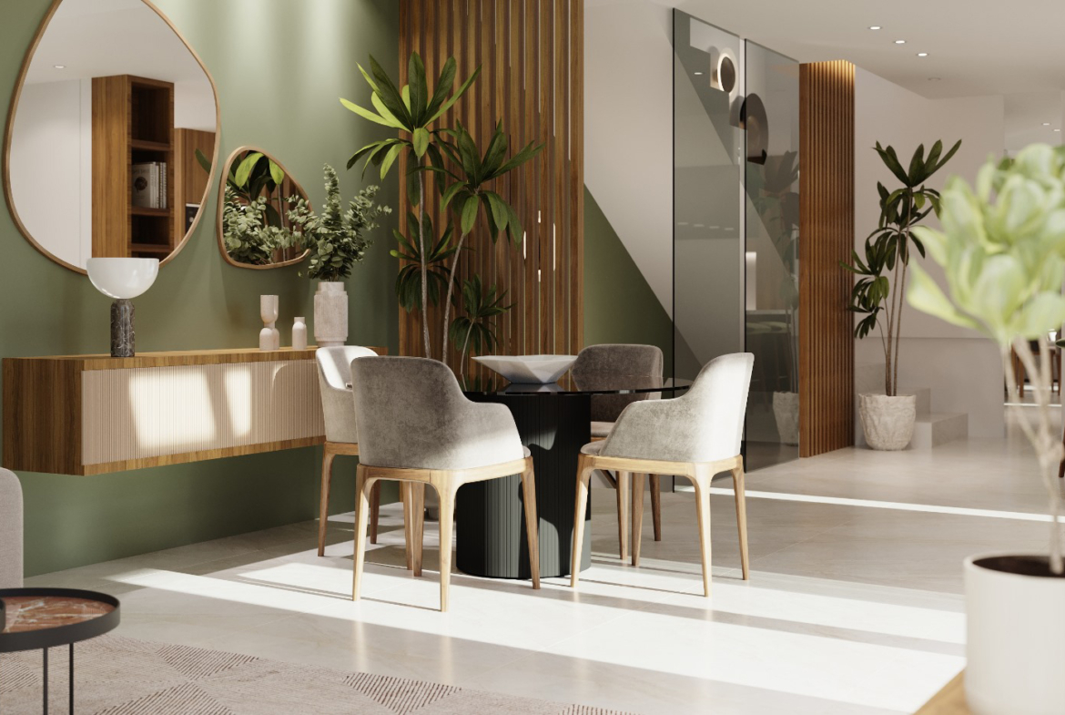 Open-plan living room in Orbesol Mirador Villa at Santa Rosalia by Levante Properties, connecting to the modern kitchen and master bedroom suite.