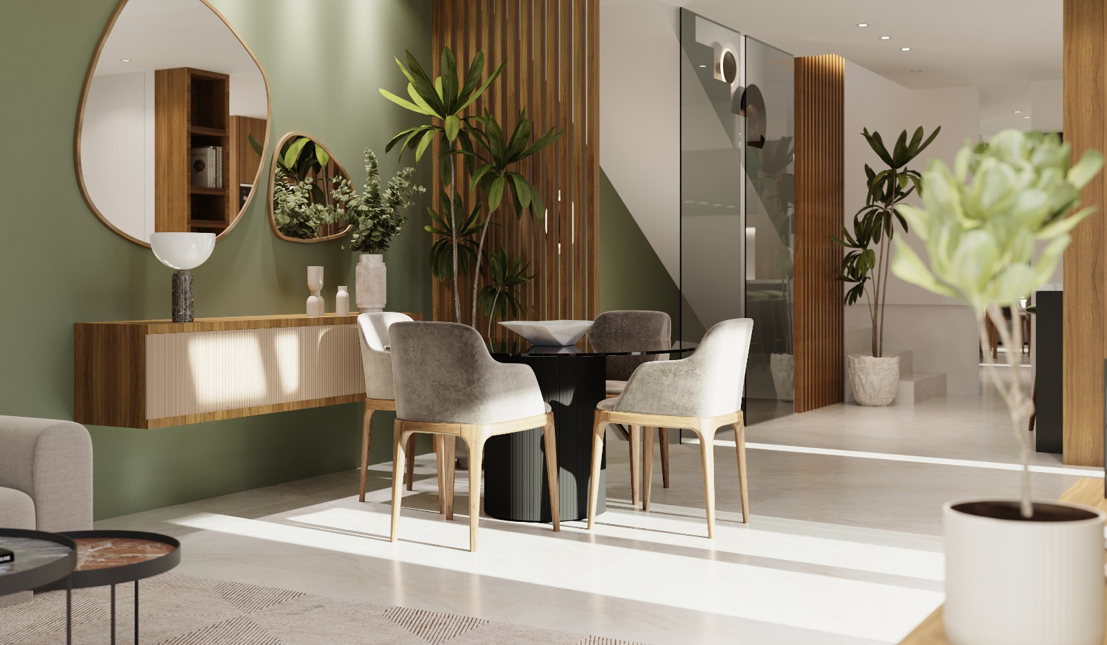 Open-plan living room in Orbesol Mirador Villa at Santa Rosalia by Levante Properties, connecting to the modern kitchen and master bedroom suite.