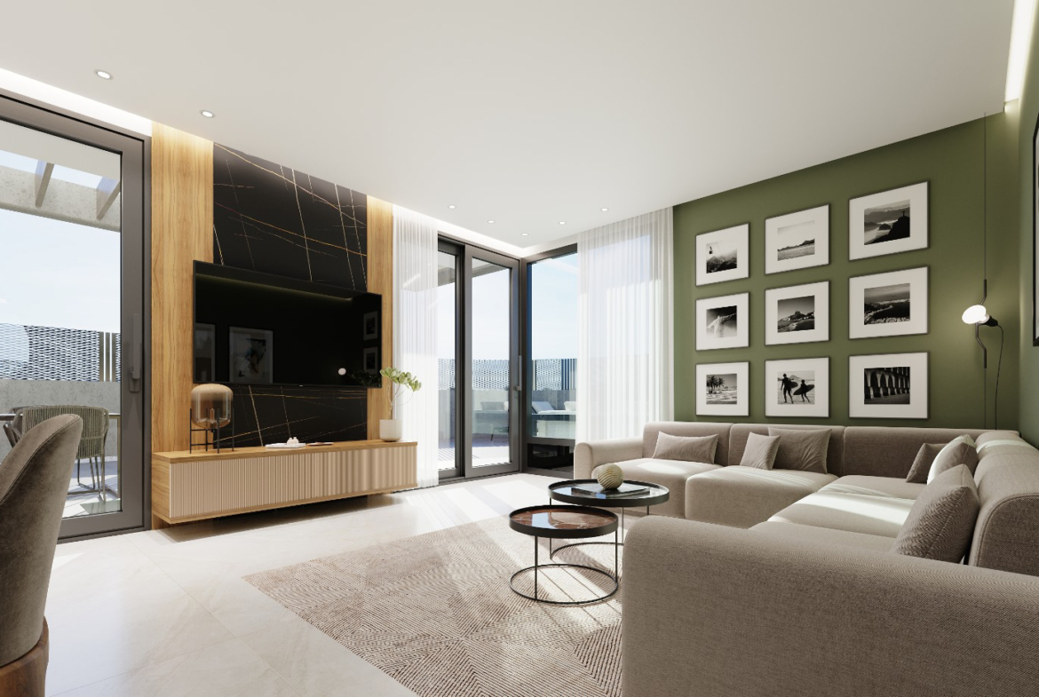 Open-plan living room in Orbesol Mirador Villa at Santa Rosalia by Levante Properties, connecting to the modern kitchen and master bedroom suite.