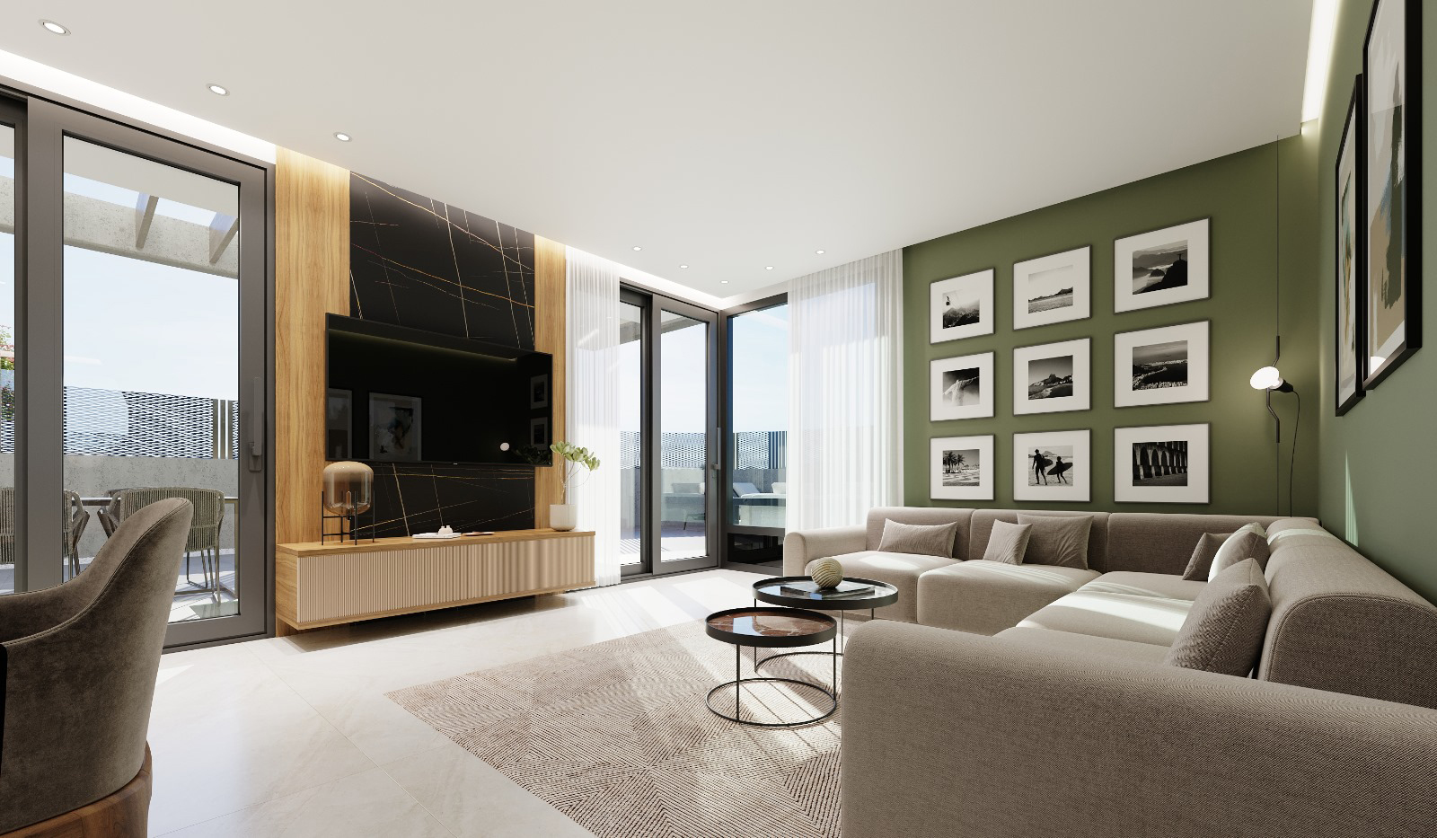 Open-plan living room in Orbesol Mirador Villa at Santa Rosalia by Levante Properties, connecting to the modern kitchen and master bedroom suite.