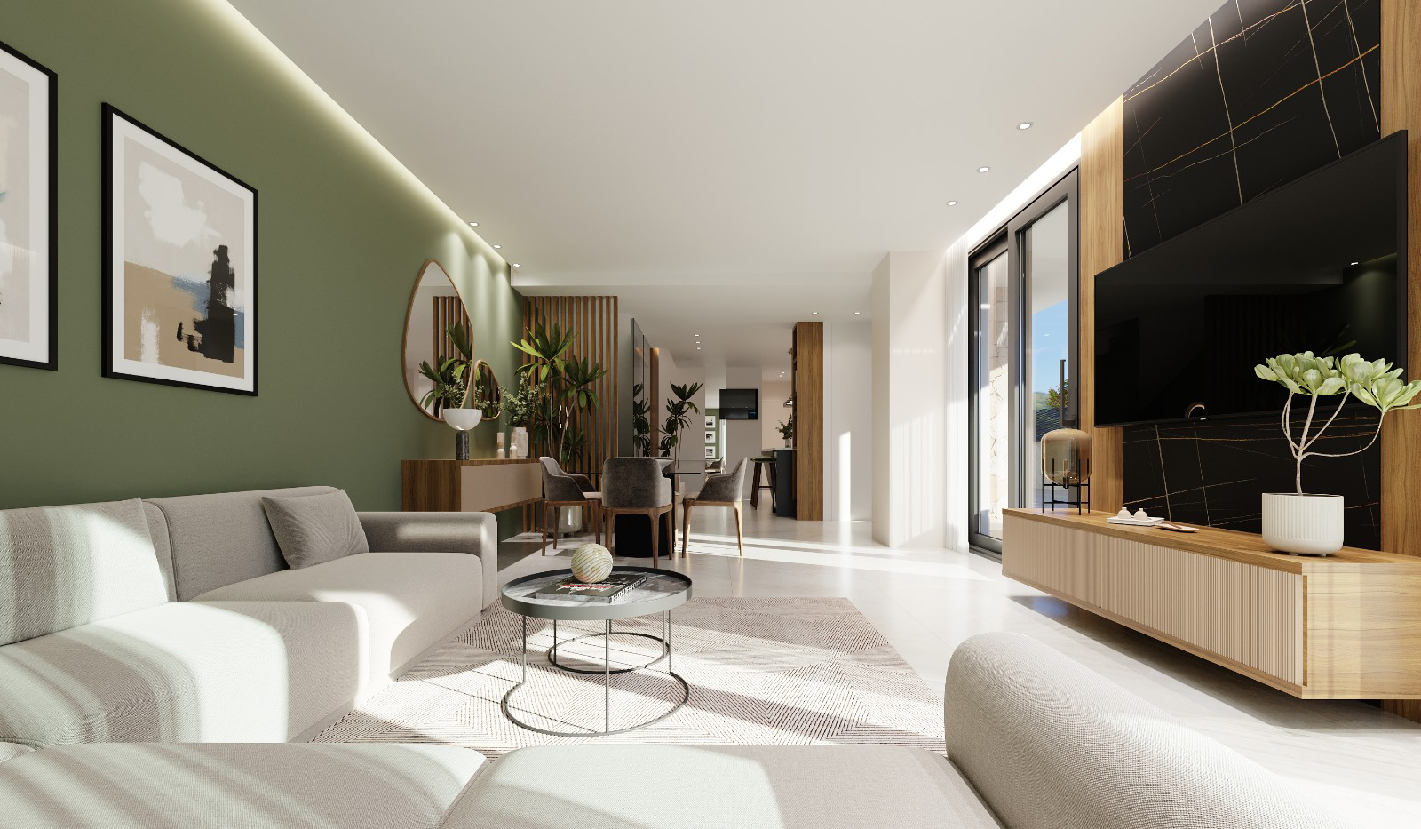 Open-plan living room in Orbesol Mirador Villa at Santa Rosalia by Levante Properties, connecting to the modern kitchen and master bedroom suite.