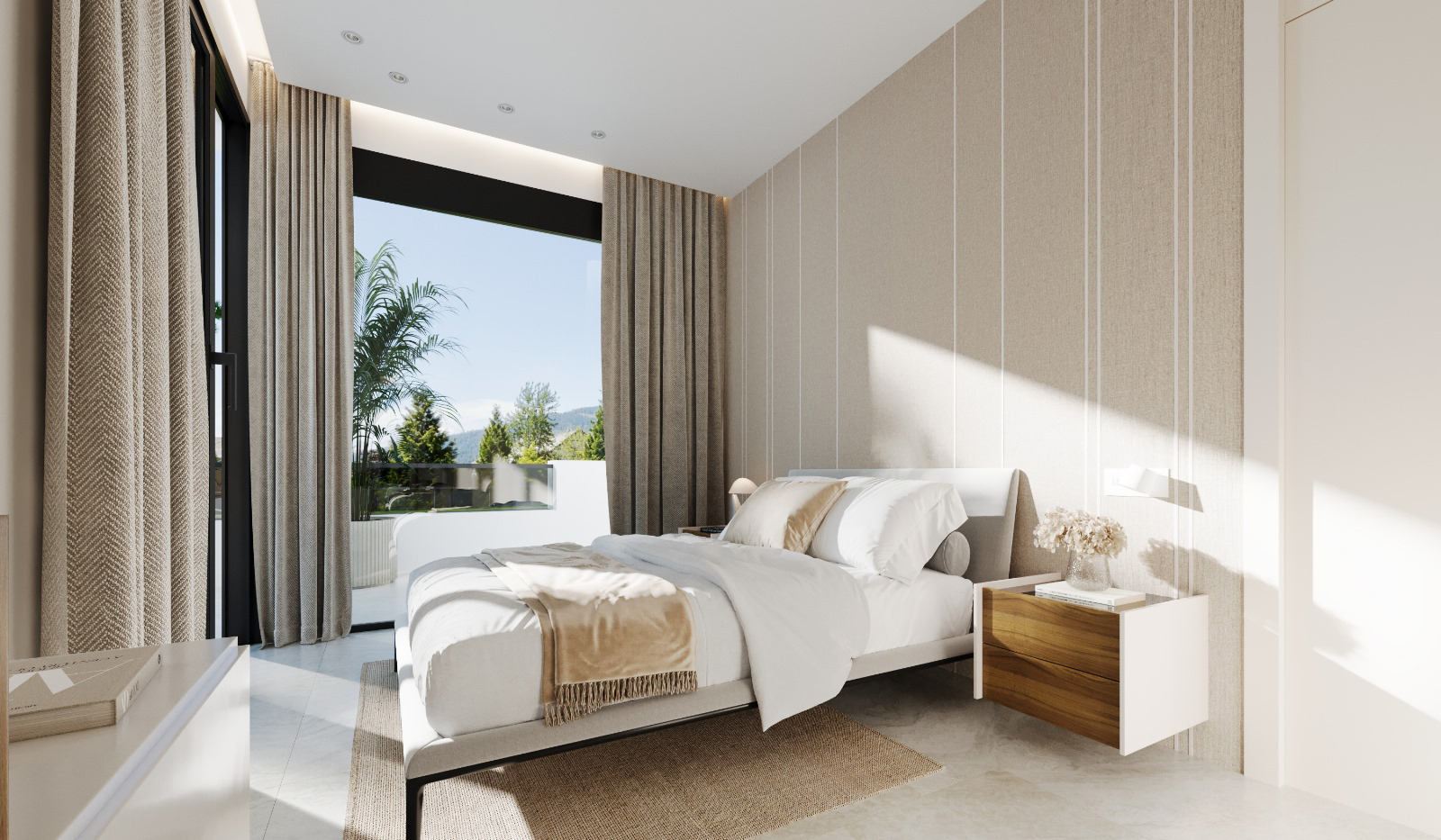 Luxury master bedroom suite in Orbesol Mirador Villa at Santa Rosalia, listed by Levante Properties and complemented by a modern designer kitchen.