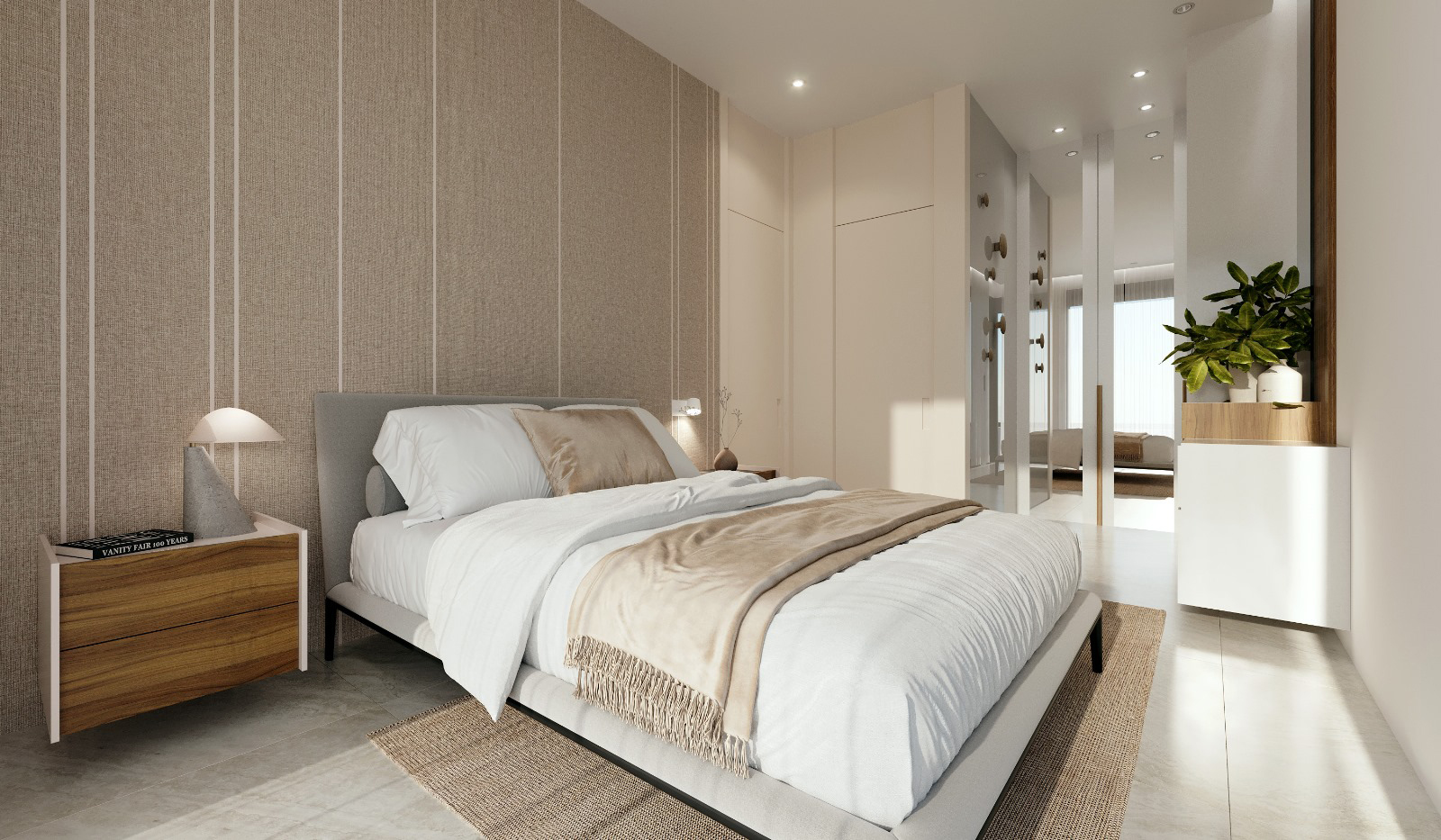 Luxury master bedroom suite in Orbesol Mirador Villa at Santa Rosalia, listed by Levante Properties and complemented by a modern designer kitchen.