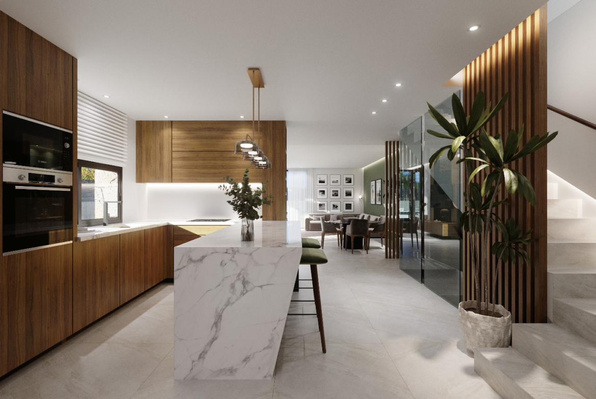 Modern designer kitchen in an Orbesol Mirador Villa at Santa Rosalia, presented by Levante Properties.