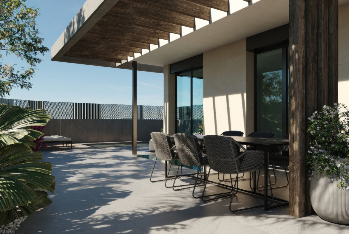 Outdoor terrace of Orbesol Mirador Villa at Santa Rosalia by Levante Properties, accessible from the master bedroom and open-plan kitchen area.