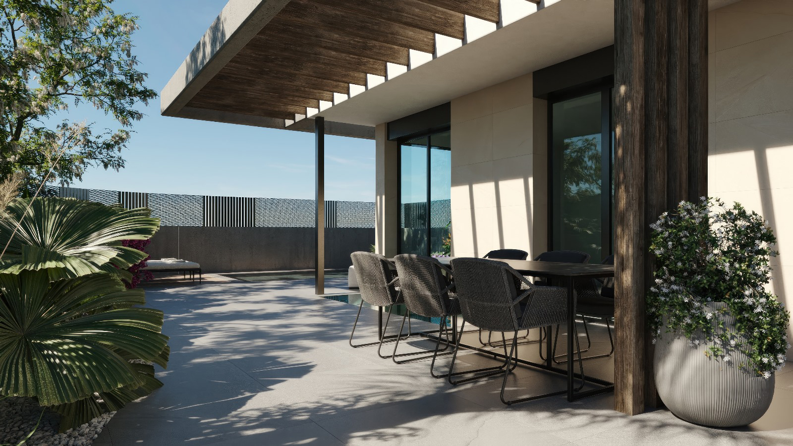 Outdoor terrace of Orbesol Mirador Villa at Santa Rosalia by Levante Properties, accessible from the master bedroom and open-plan kitchen area.