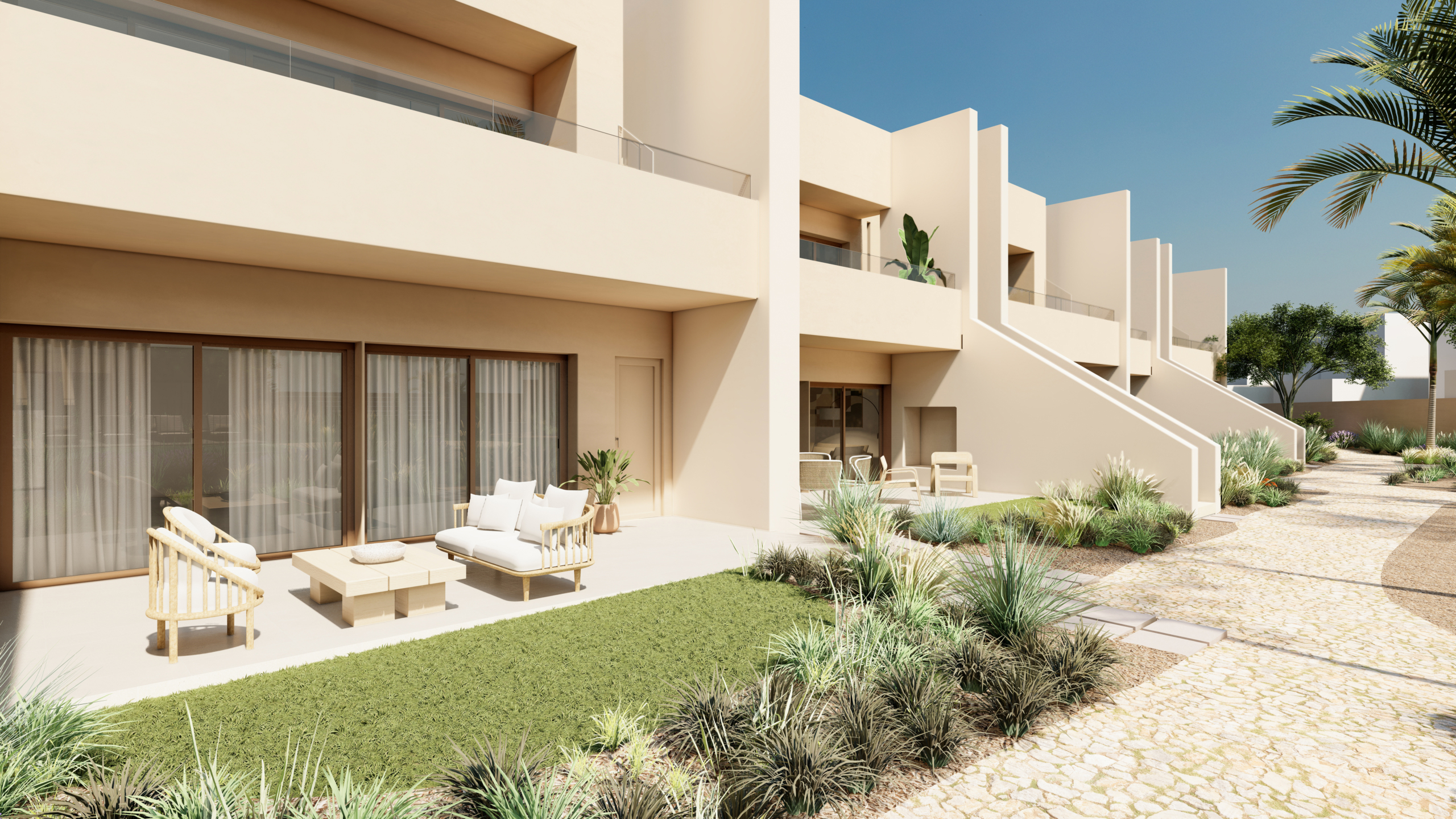 Front terrace overlooking the communal pool at Roda Residences by Levante Properties
