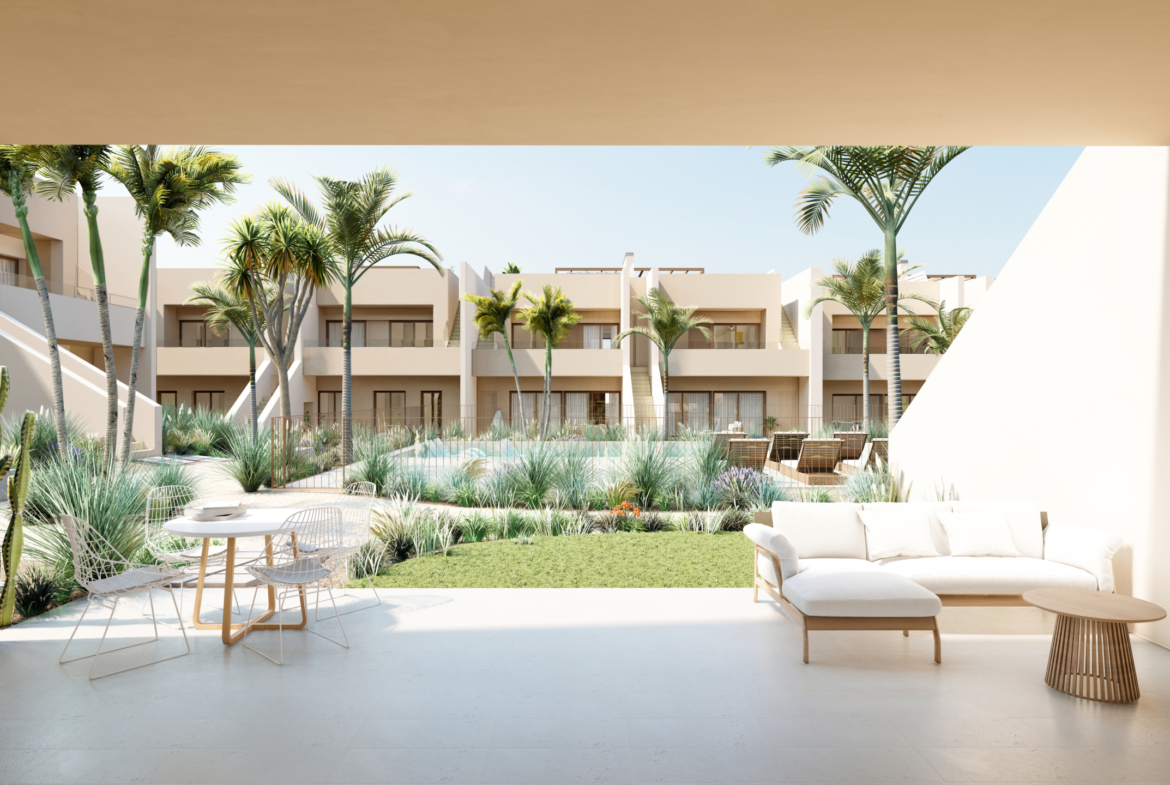 Front terrace overlooking the communal pool at Roda Residences by Levante Properties