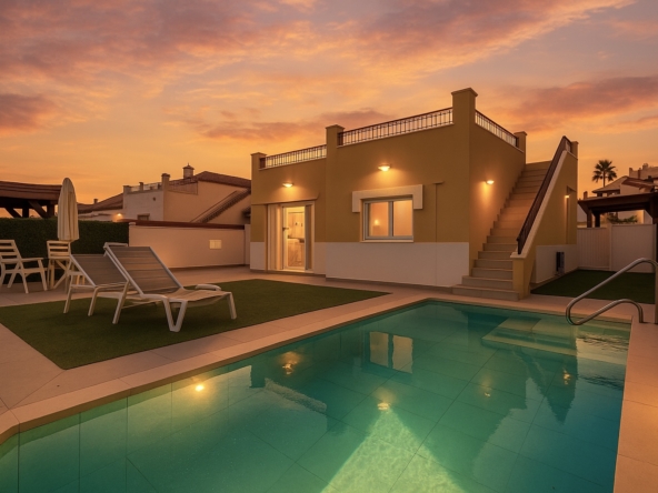Private heated pool and landscaped garden at the Rondella villa in Mar Menor Golf Resort.