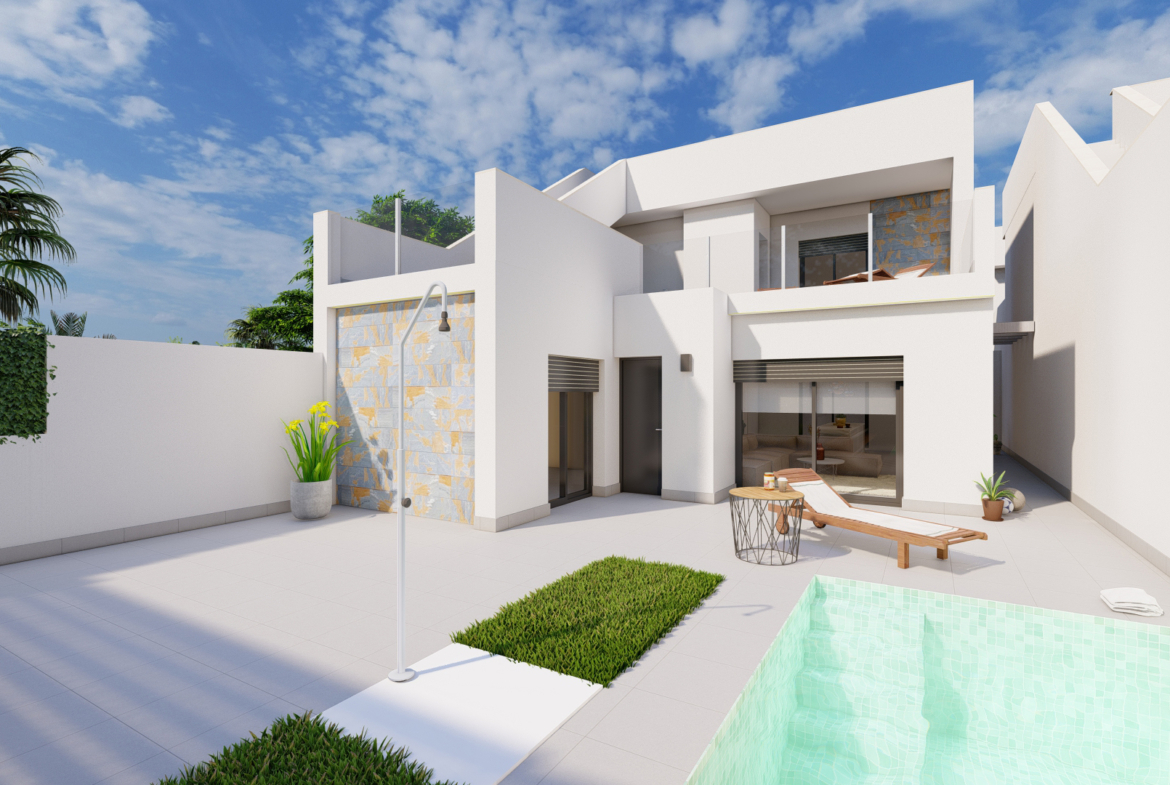 Modern villa exterior with private pool at Roda Golf