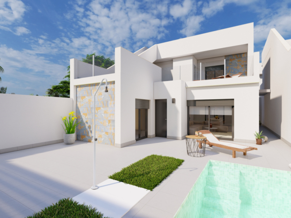 Modern villa exterior with private pool at Roda Golf