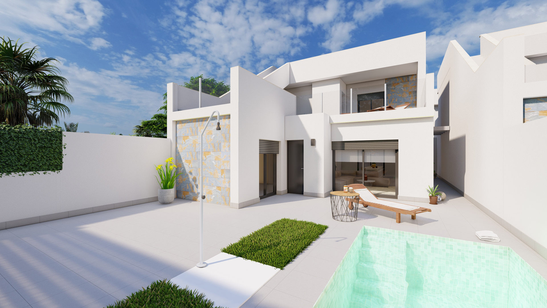 Modern villa exterior with private pool at Roda Golf