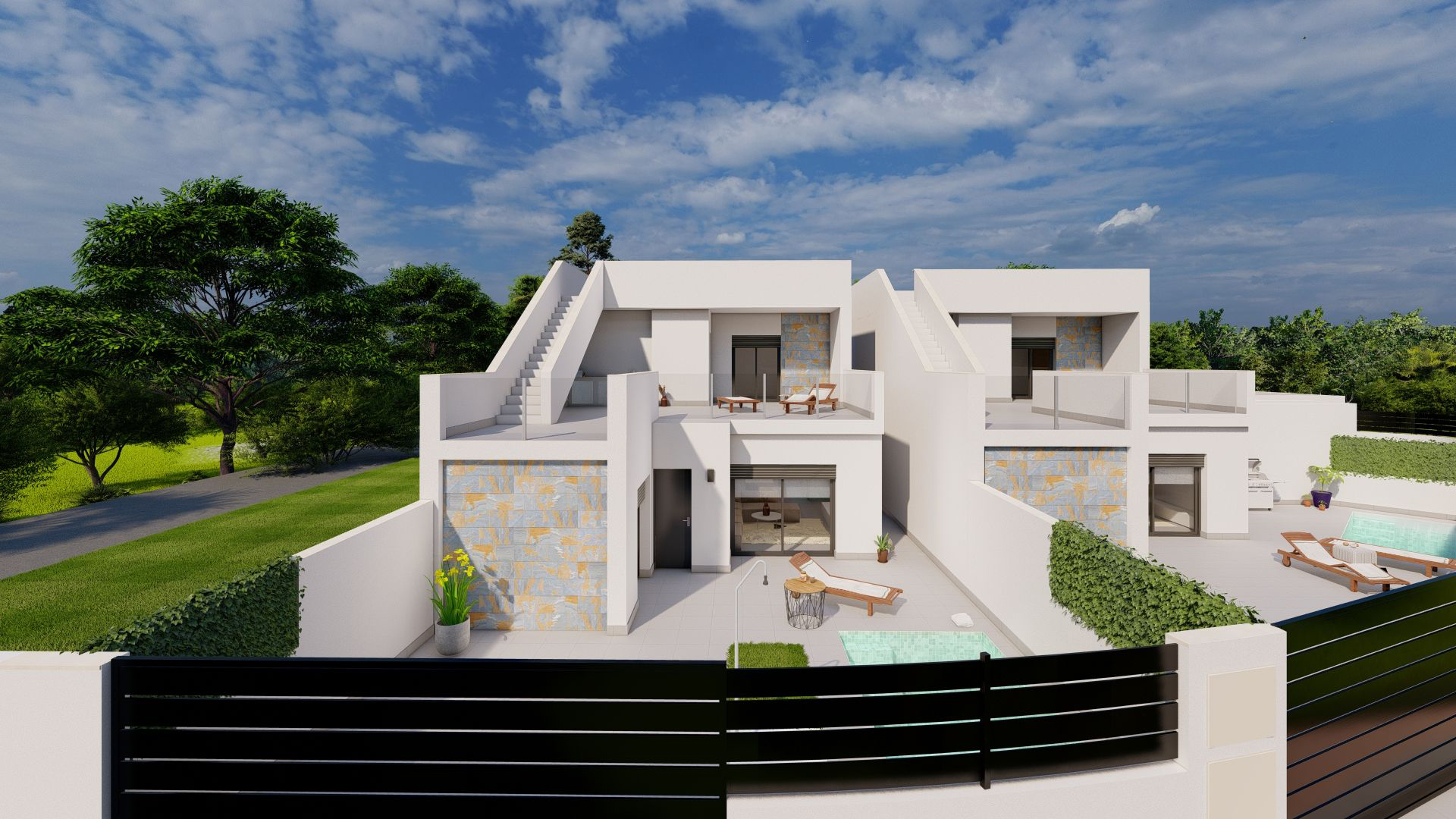 Modern villa exterior with private pool at Roda Golf