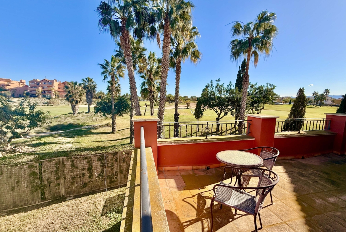 Upper terrace with golf views at Mar Menor Golf Resort villa presented by Levante Properties
